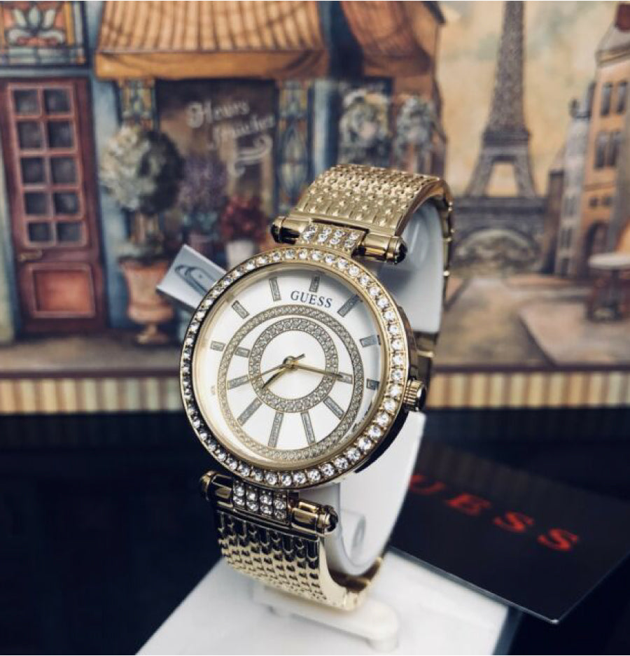 Guess Muse Crystals White Dial Rose Gold Steel Strap Watch For Women - W1008L2