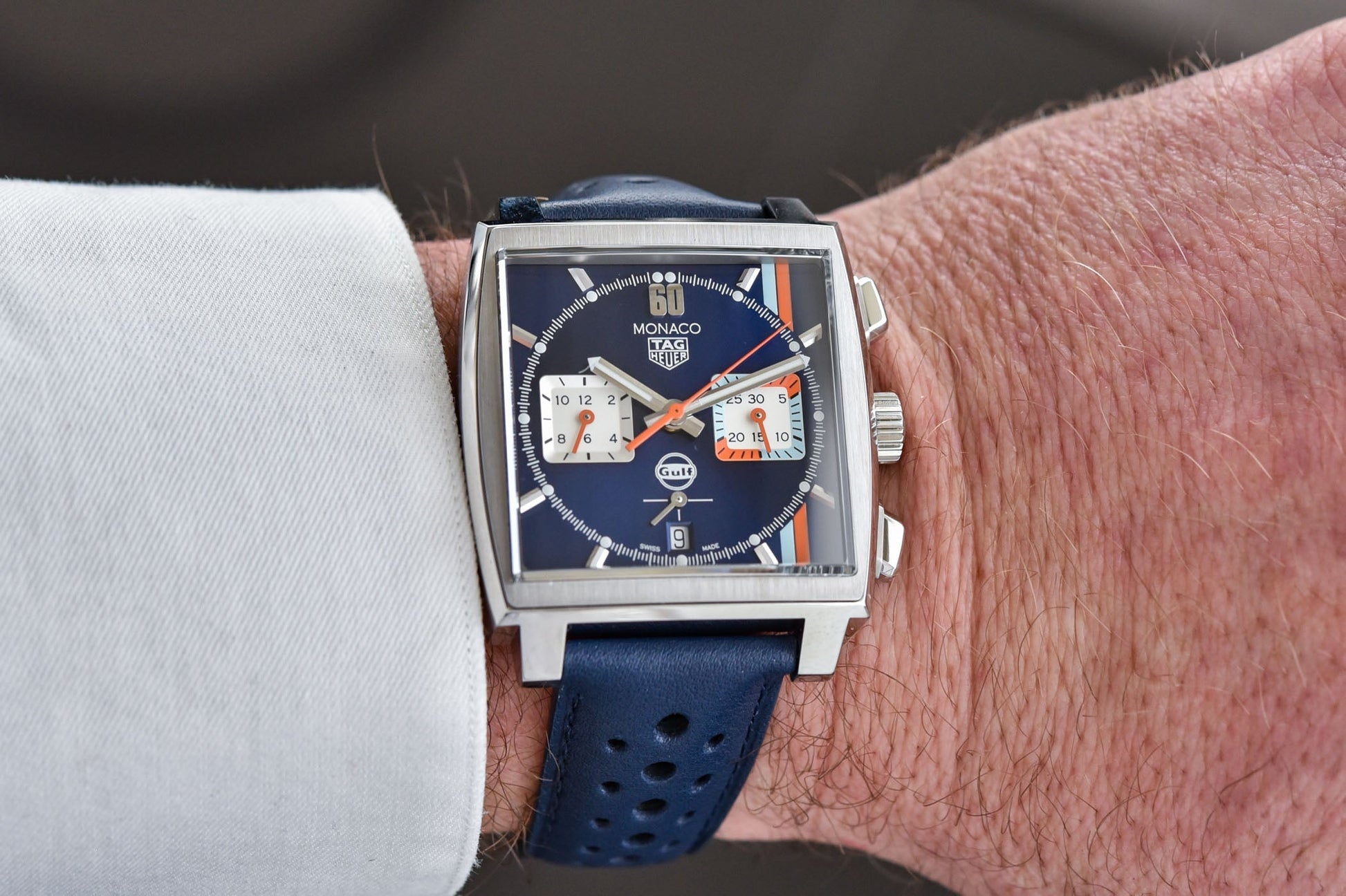 Tag Heuer Monaco Gulf Automatic Chronograph Blue Dial Blue Leather Strap Watch for Men - CBL2115.FC6494