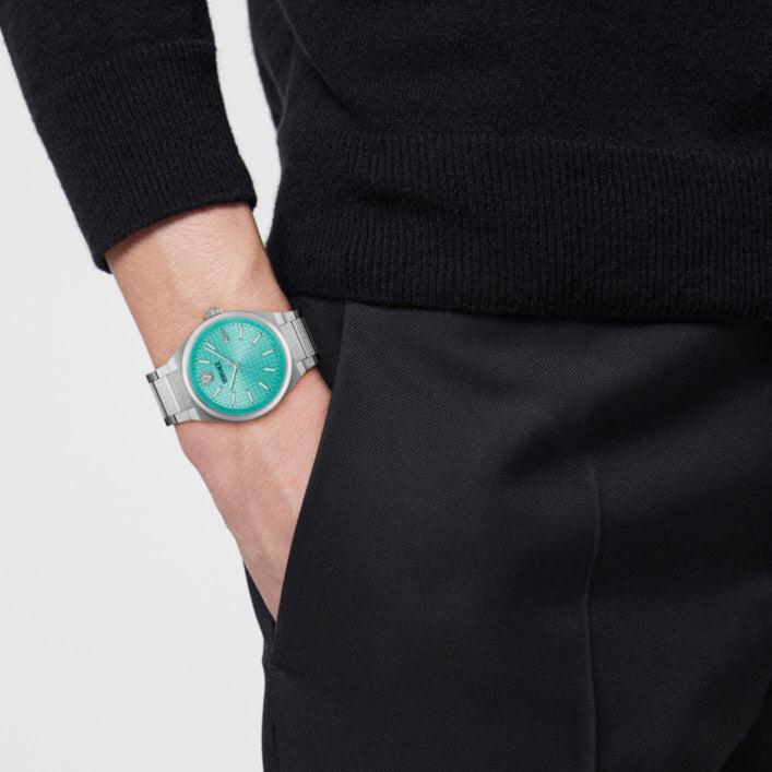 Versace V-Auria Quartz Turquoise Dial Silver Steel Strap Watch for Women - VE0F00225