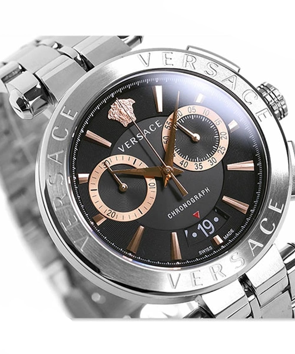Versace Aion Chronograph Black Dial Silver Steel Strap Watch For Men - VE1D01019