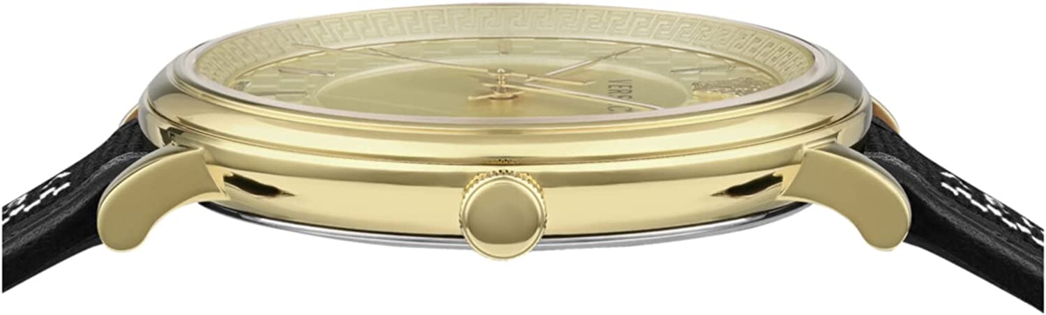 Versace V-Circle Manifesto Gold Dial Black Leather Strap Watch for Men - VBQ030017