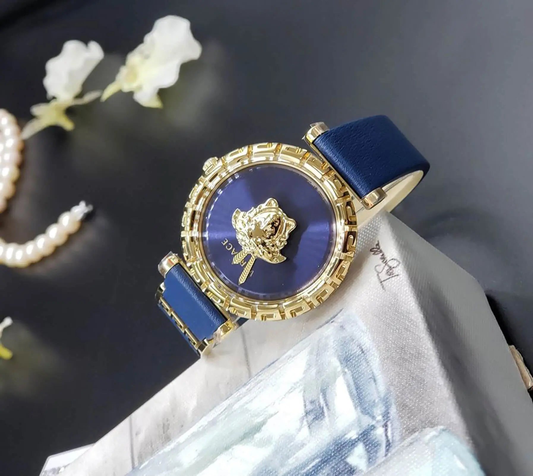 Versace Palazzo Empire Greca Quartz Blue Dial Blue Leather Strap Watch for Women - VEDV00219