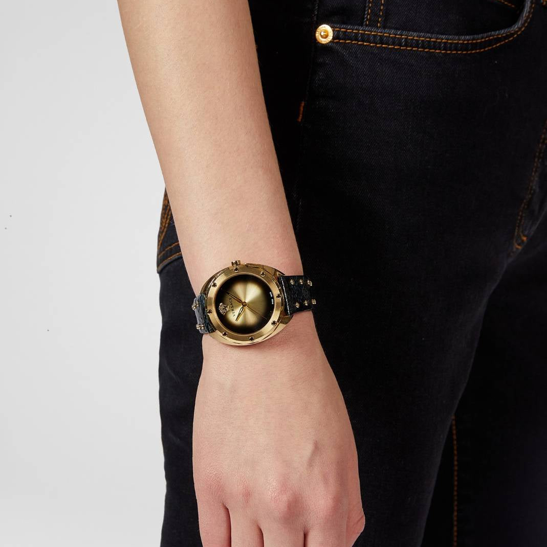 Versace Shadov Quartz Gold Dial Black Leather Strap Watch for Women - VEBM00318