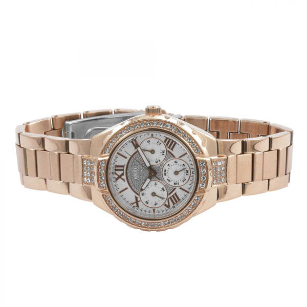 Guess Viva Diamonds White Dial Rose Gold Steel Strap Watch for Women - W0111L3