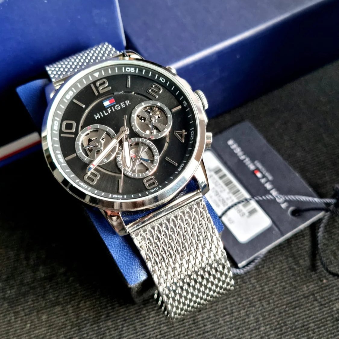 Tommy Hilfiger Chronograph Black Dial Silver Mesh Bracelet Watch for Men - 1791292