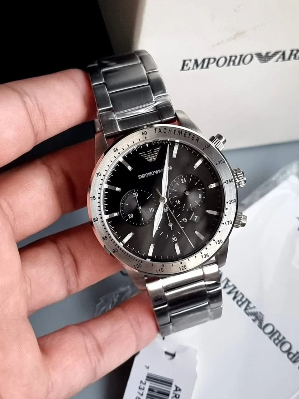 Emporio Armani Mario Chronograph Black Dial Silver Steel Strap Watch For Men - AR11241