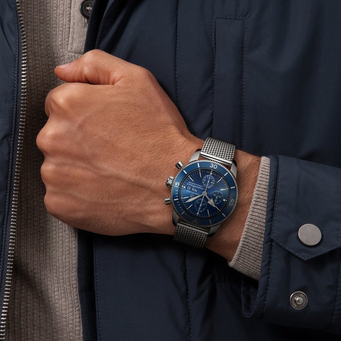 Breitling Superocean Heritage Chronograph 44 Blue Dial Blue Mesh Bracelet Watch for Men - A13313161C1S1