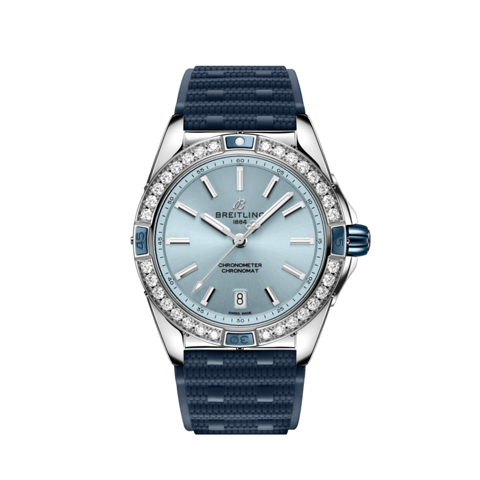 Breitling Super Chronomat Automatic 38 Diamonds Blue Dial Blue Rubber Strap Watch for Women - A17356531C1S1