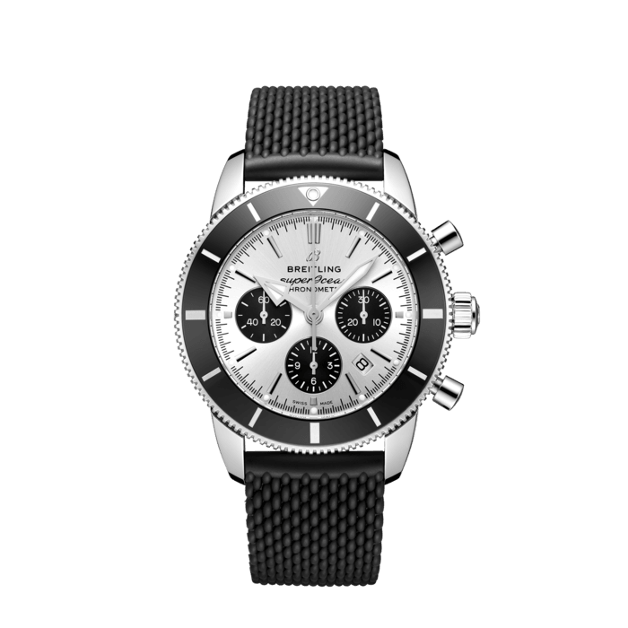 Breitling Superocean Heritage B01 Chronograph 44 Silver Dial Black Mesh Bracelet Watch for Men - AB0162121G1S1
