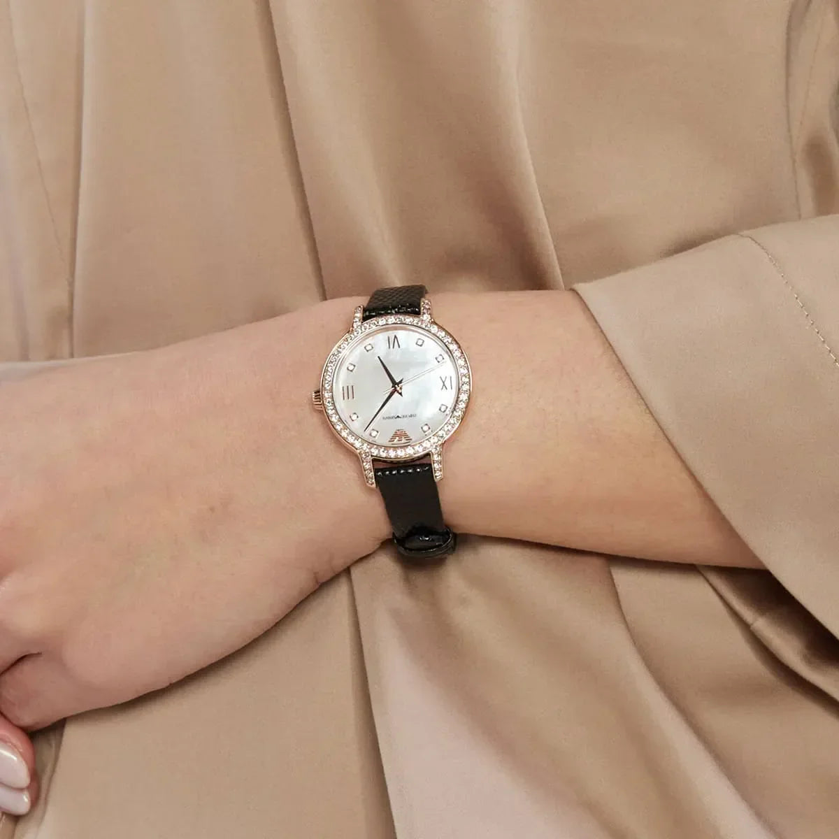 Emporio Armani Cleo Three-Hand Mother of Pearl Dial Black Leather Strap Watch For Women - AR11485