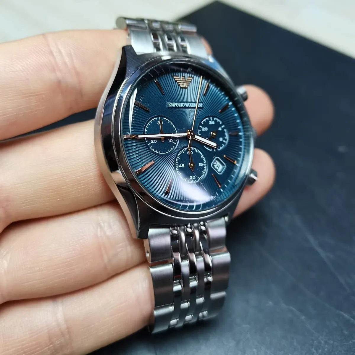 Emporio Armani Luigi Chronograph Quartz Blue Dial Silver Steel Strap Watch For Men - AR1974