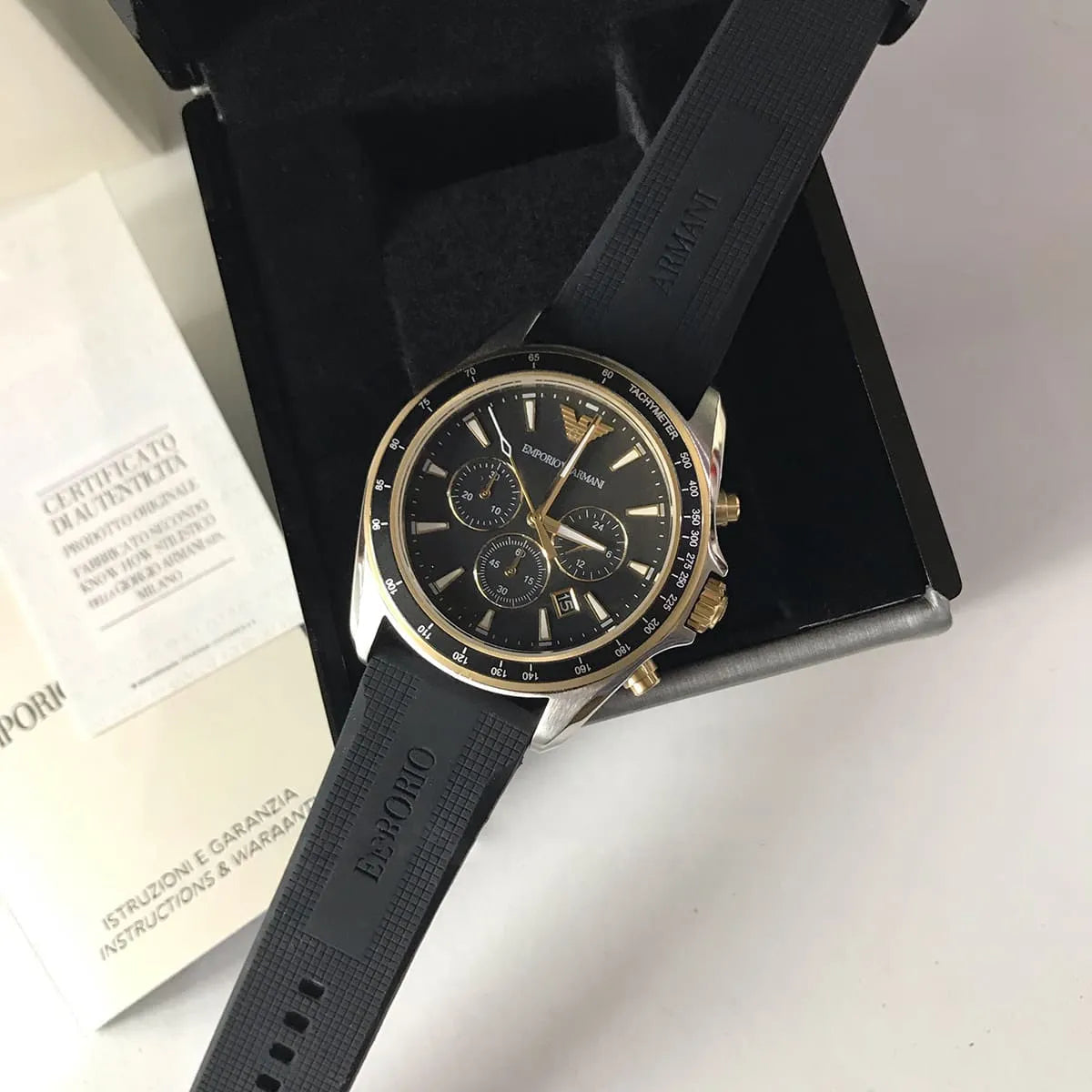Emporio Armani Sigma Chronograph lack Dial Black Rubber Strap Watch For Men - AR80003