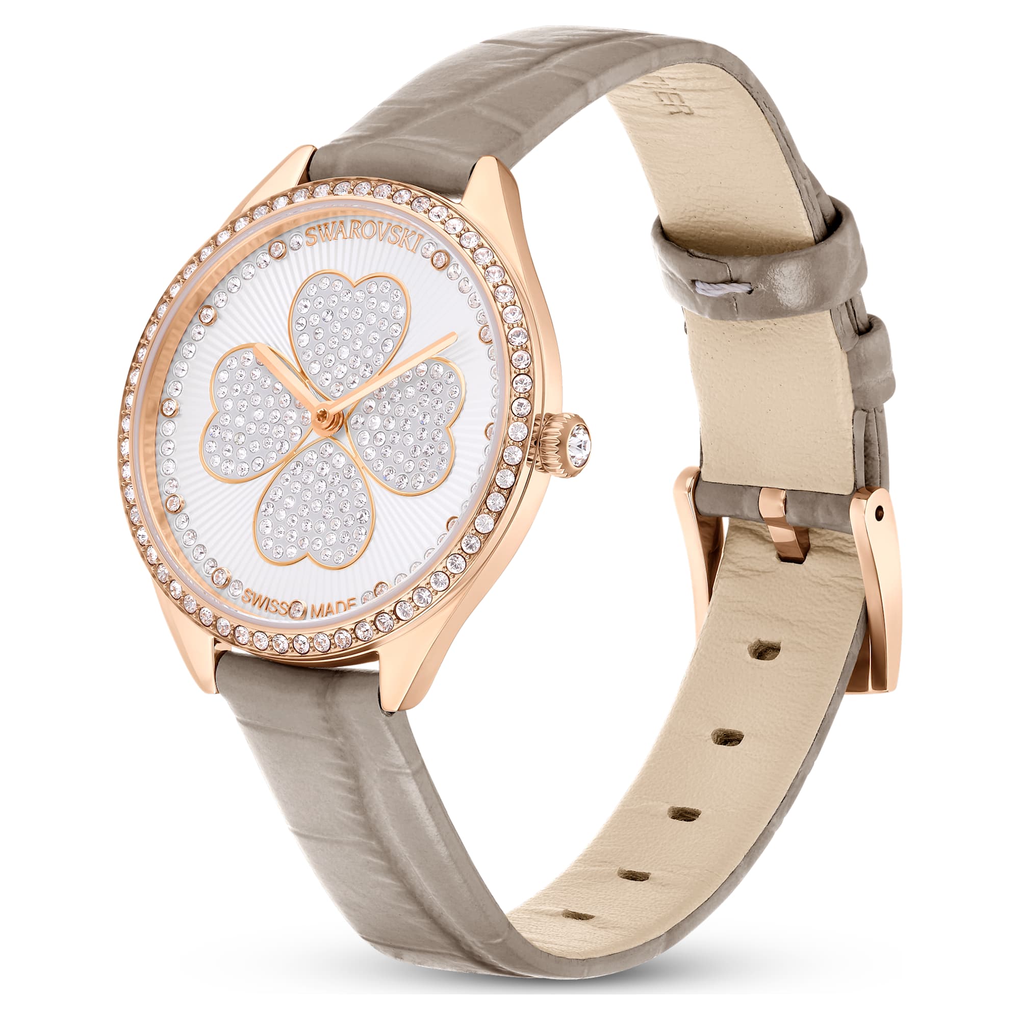 Swarovski Attract Clover Crystals Silver Dial Grey Leather Strap Watch for Women - 5653350