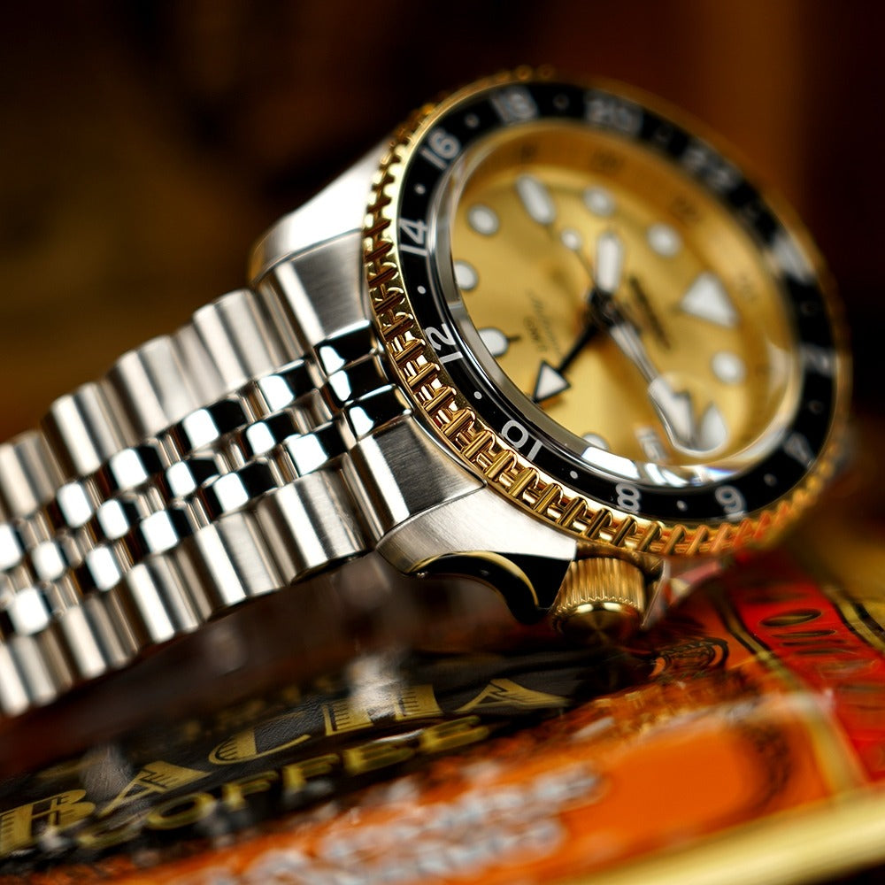 Seiko 5 Sports GMT Automatic 70th Anniversary Taiwan Limited Edition Gold Dial Silver Steel Strap Watch For Men - SSK044K1