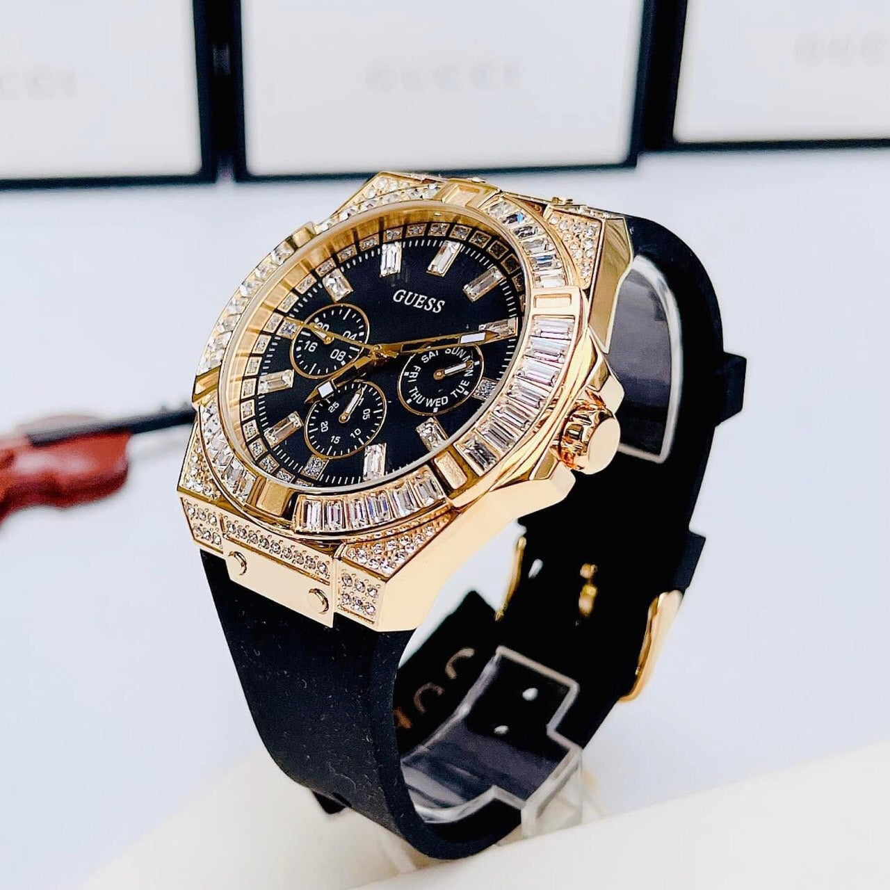 Guess Zeus Chronograph Diamonds Black Dial Black Silicone Strap Watch For Men - GW0208G2