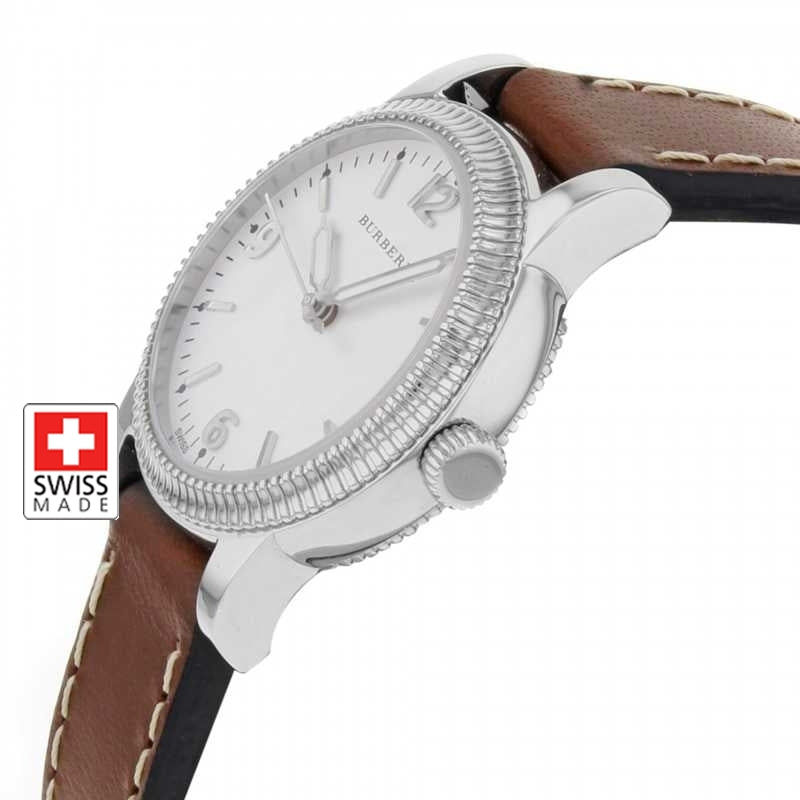 Burberry Utilitarian White Dial Brown Leather Strap Watch for Women - BU7848