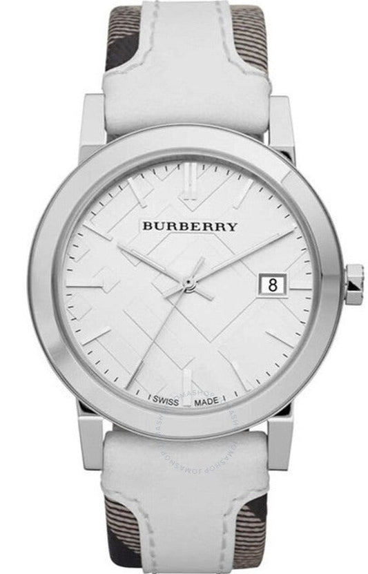 Burberry The City Silver Dial White Leather Strap Watch for Women - BU9019
