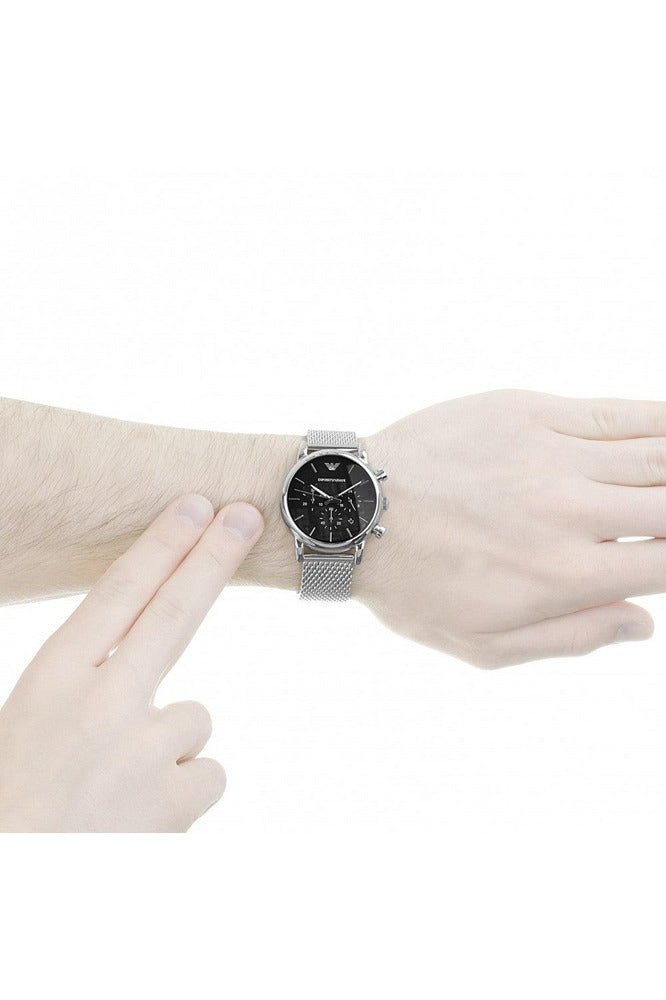 Emporio Armani Luigi Chronograph Black Dial Silver Mesh Bracelet Watch For Men - AR1811