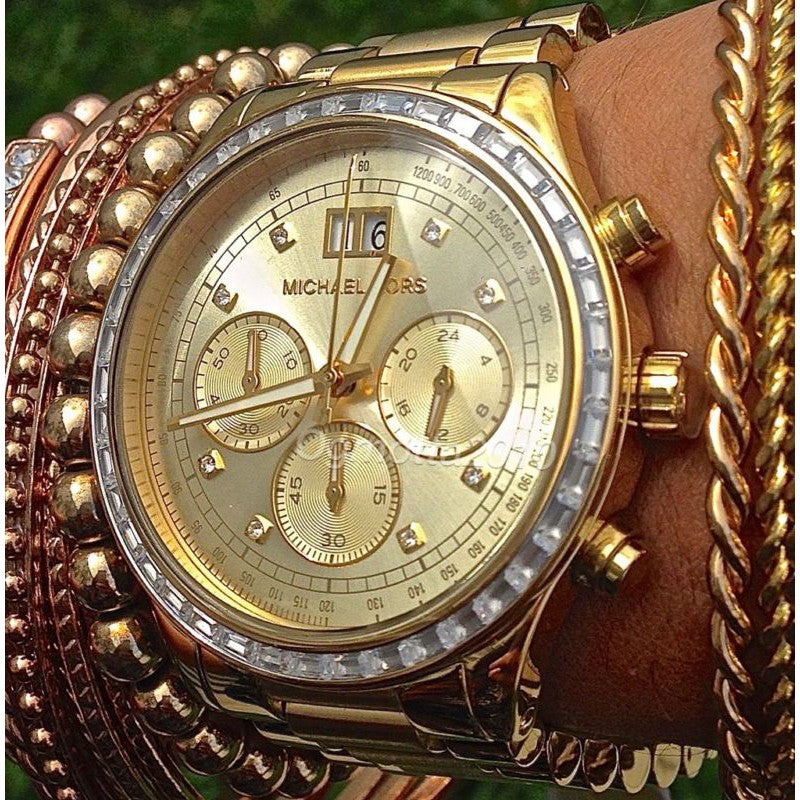 Michael Kors Brinkley Diamonds Gold Dial Gold Steel Strap Watch for Women - MK6187