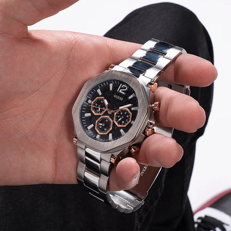 Guess Edge Chronograph Black Dial Silver Steel Strap Watch For Men - GW0539G1