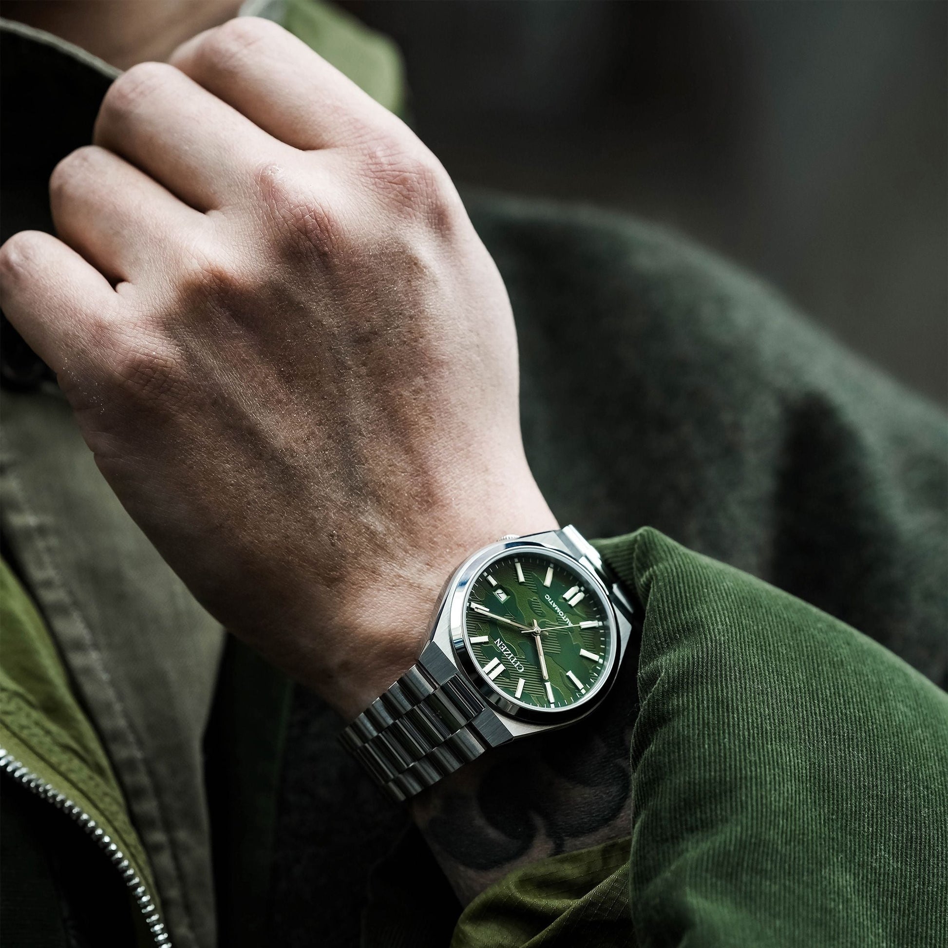 Citizen Tsuyosa Automatic Camouflage Green Dial Silver Steel Strap Watch For Men - NJ0159-86X
