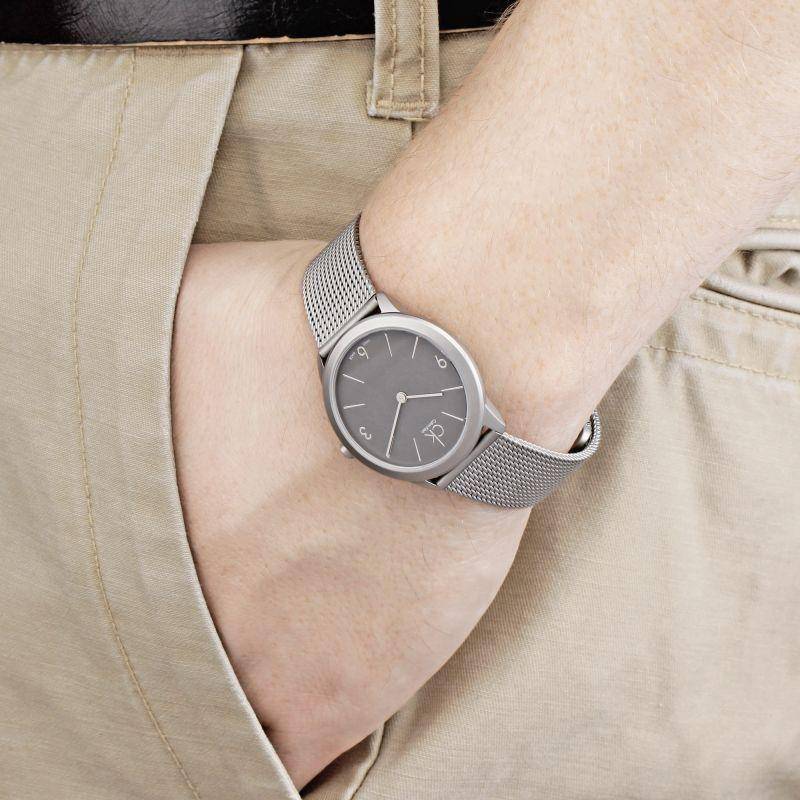 Calvin Klein Minimal Grey Dial Silver Mesh Bracelet Watch for Women - K3M53154