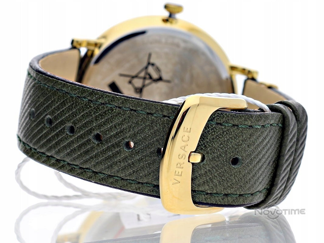 Versace V-Circle Manifesto Gold Dial Black Leather Strap Watch for Men - VBQ030017