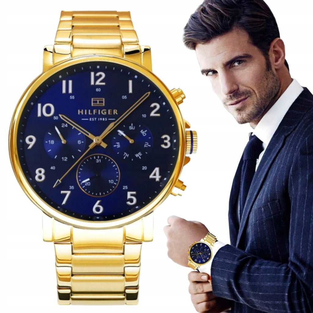 Tommy Hilfiger Daniel Chronograph Blue Dial Gold Steel Strap Watch for Men - 1710384