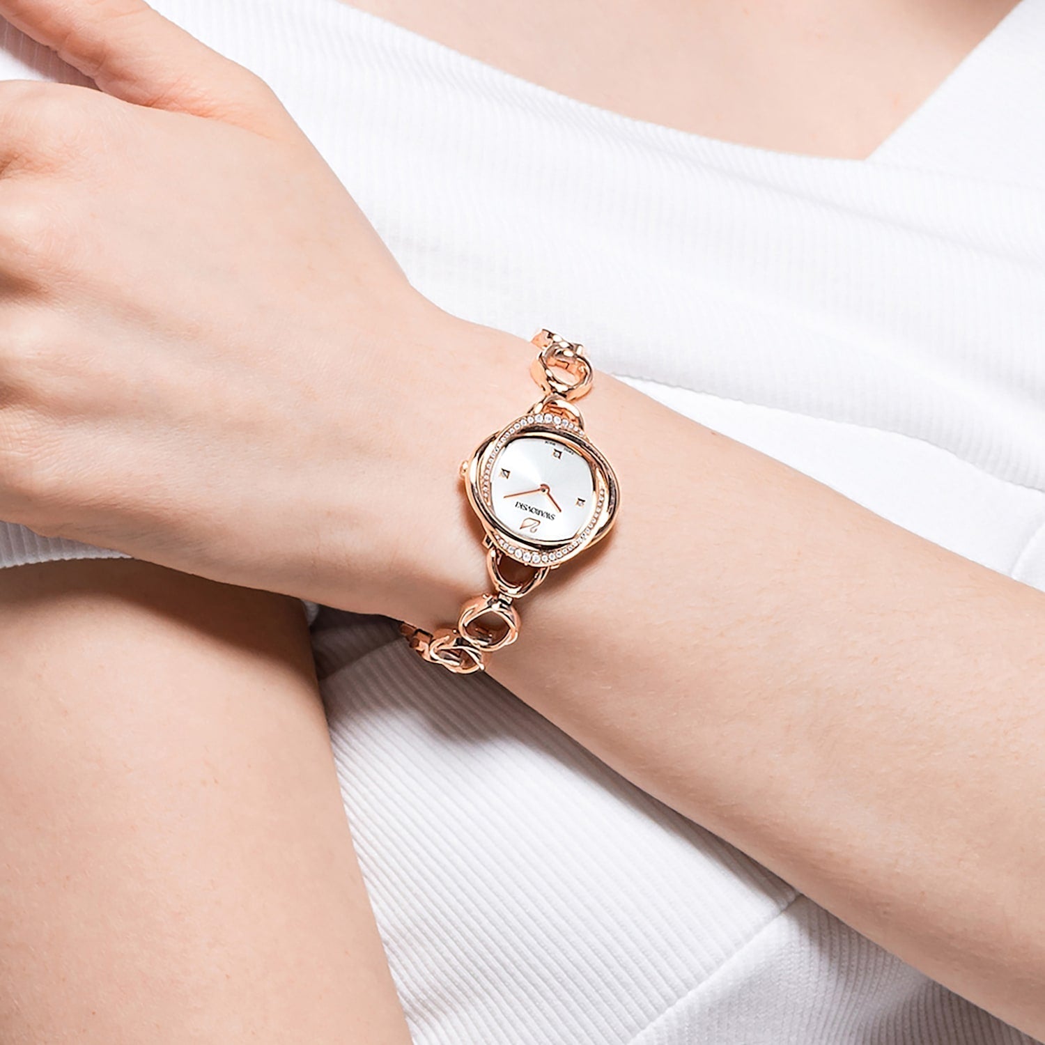 Swarovski Crystal Flower Silver Dial Rose Gold Steel Strap Watch for Women - 5547626