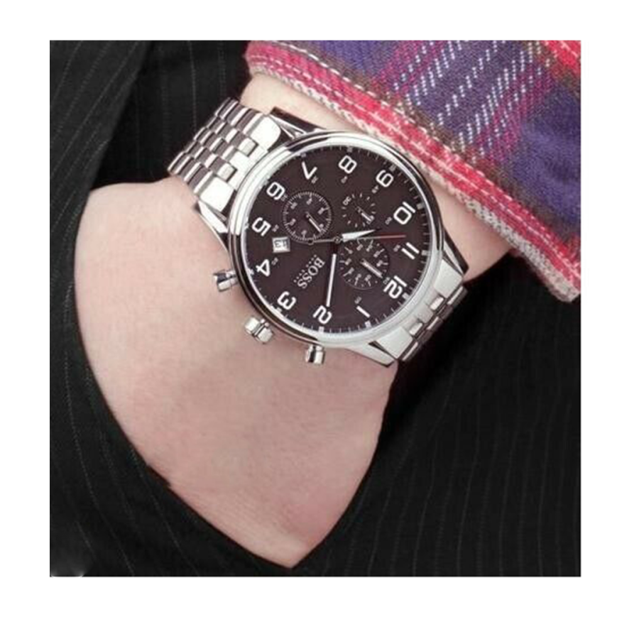 Hugo Boss Aeroliner Chronograph Quartz Black Dial Silver Steel Strap Watch For Men - HB1512446