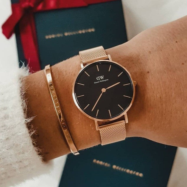 Daniel Wellington Petite Evergold Black Dial Gold Mesh Strap Watch For Women - DW00100345