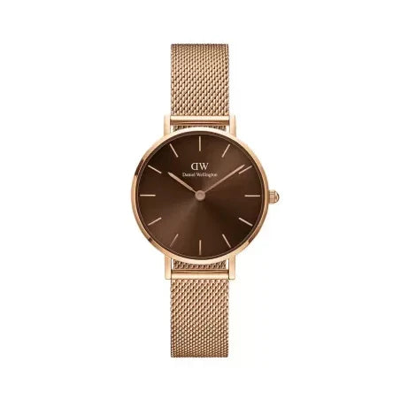 Daniel Wellington Petite Amber Brown Dial Gold Mesh Strap Watch For Women - DW00100476