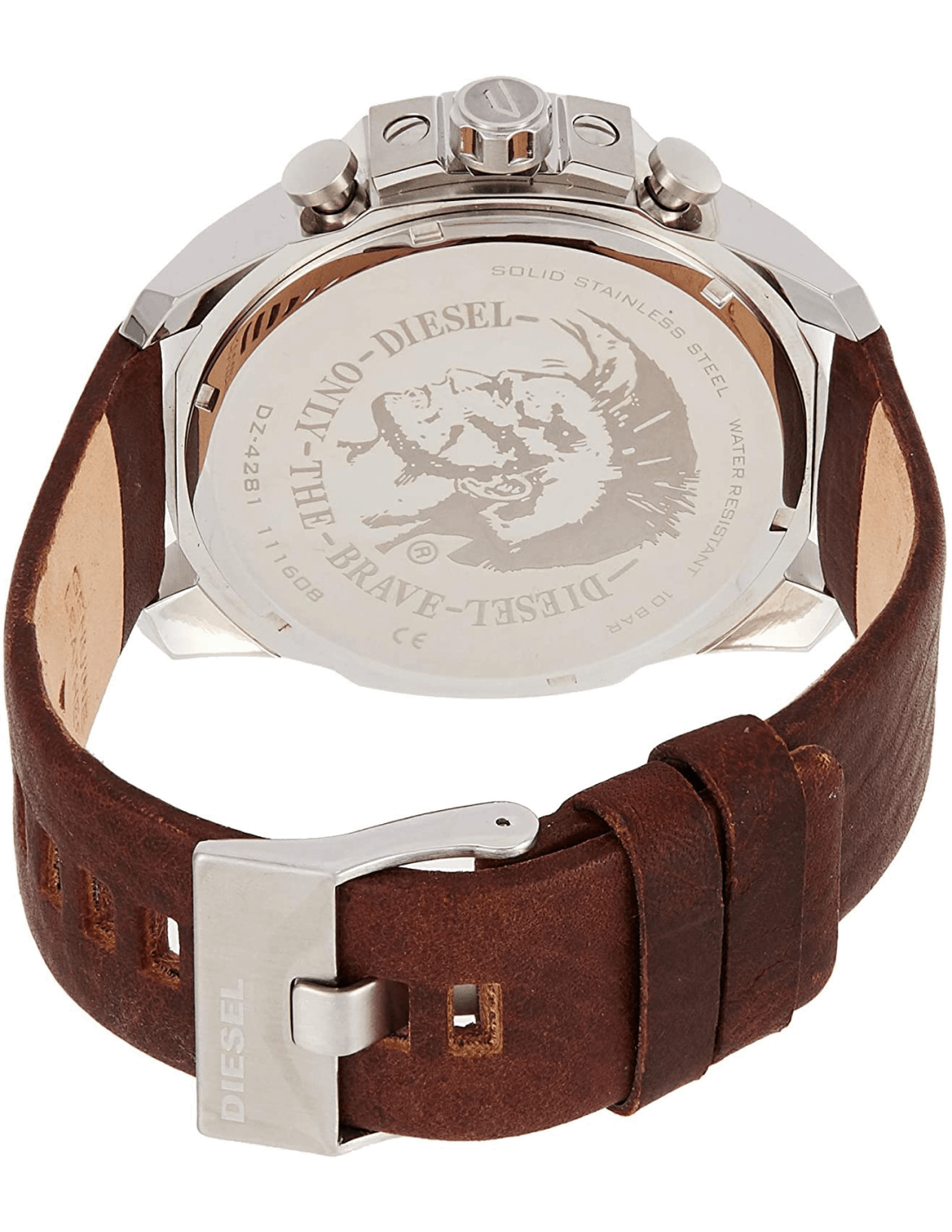 Diesel Mega Chief Chronograph Blue Dial Brown Leather Strap Watch For Men - DZ4281