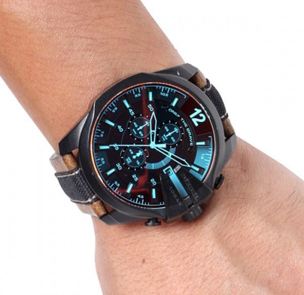 Diesel Mega Chief Quartz Black Dial Two Tone Leather Strap Watch For Men - DZ4305