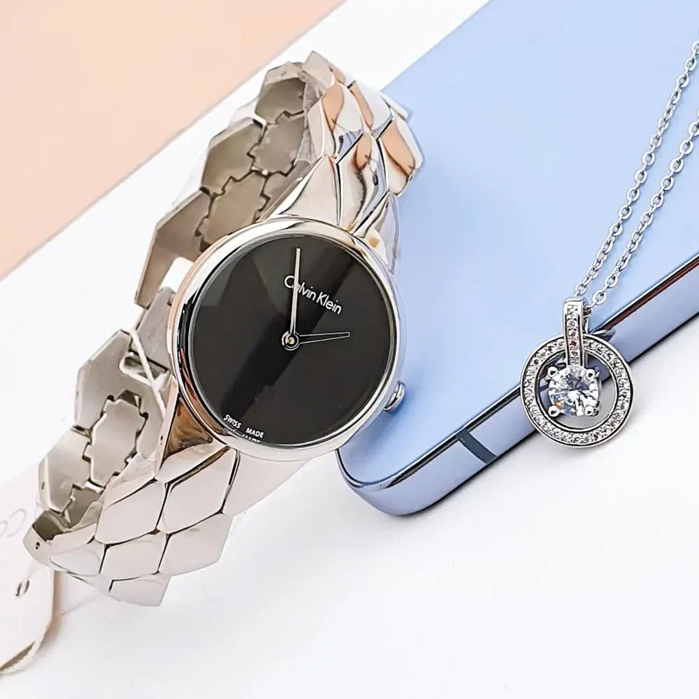 Calvin Klein Snake Black Dial Silver Steel Strap Watch For Women - K6E23141