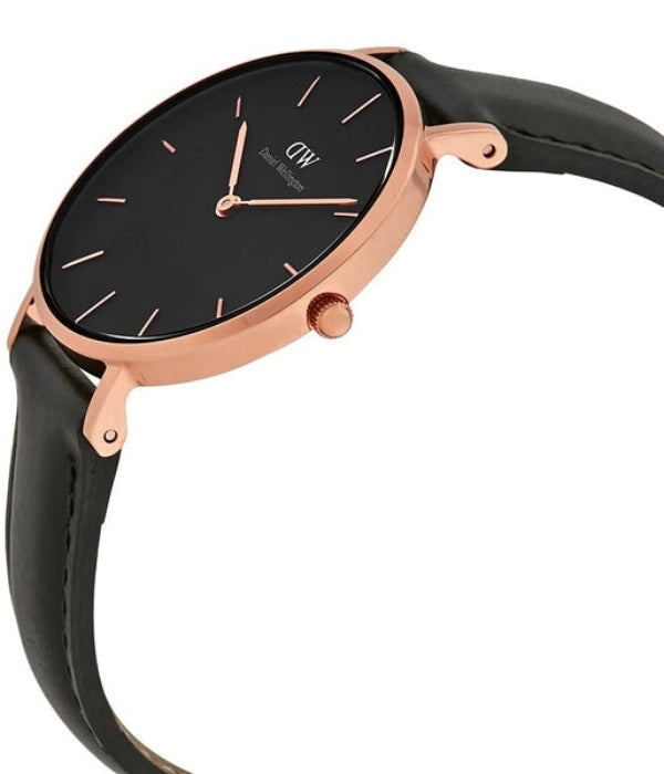 Daniel Wellington Classic Petite Sheffield Black Dial Black Leather Strap Watch For Women - DW00100224