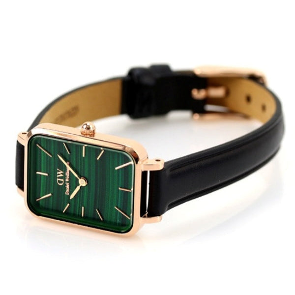 Daniel Wellington Quadro Pressed Sheffield Green Dial Black Leather Strap Watch For Women - DW00100439