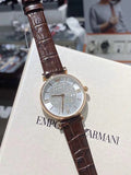 Emporio Armani Gianni T-Bar Silver Dial Brown Leather Strap Watch For Women - AR11269
