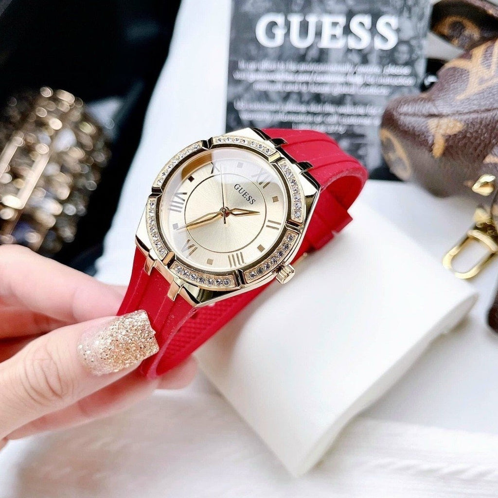 Guess Cosmo Diamonds Gold Dial Red Rubber Strap Watch for Women - GW0034L6
