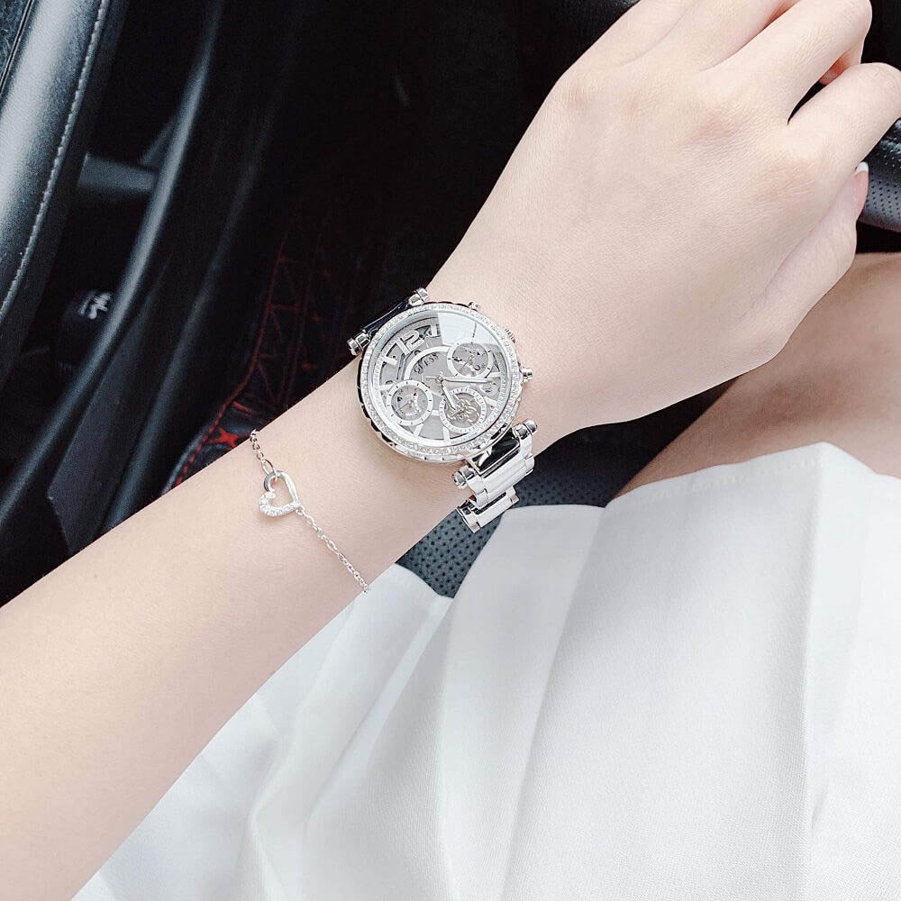 Guess Solstice Diamonds Silver Dial Silver Steel Strap Watch for Women - GW0403L1