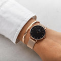 Daniel Wellington Classic Melrose Black Dial Rose Gold Mesh Bracelet Watch For Women - DW00100161