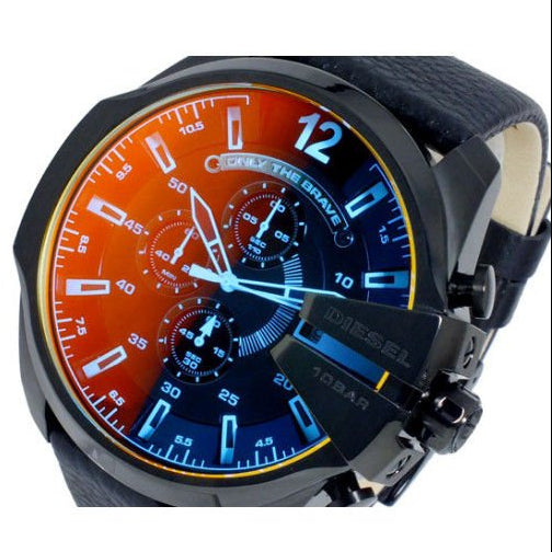 Diesel Mega Chief Chronograph Black Dial Black Leather Strap Watch For Men - DZ4323