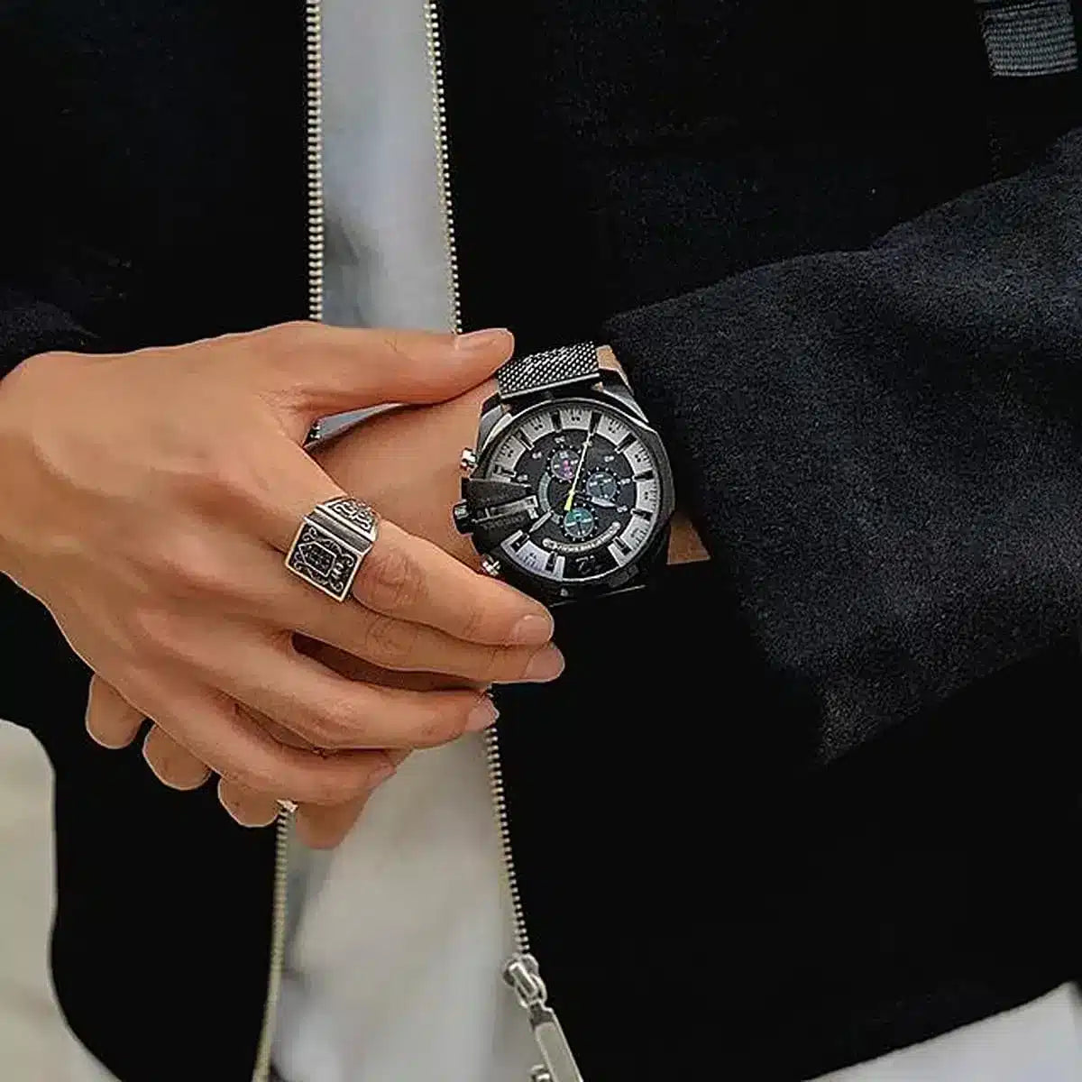 Diesel Mega Chief Chronograph Black Dial Black Mesh Bracelet Watch For Men - DZ4514