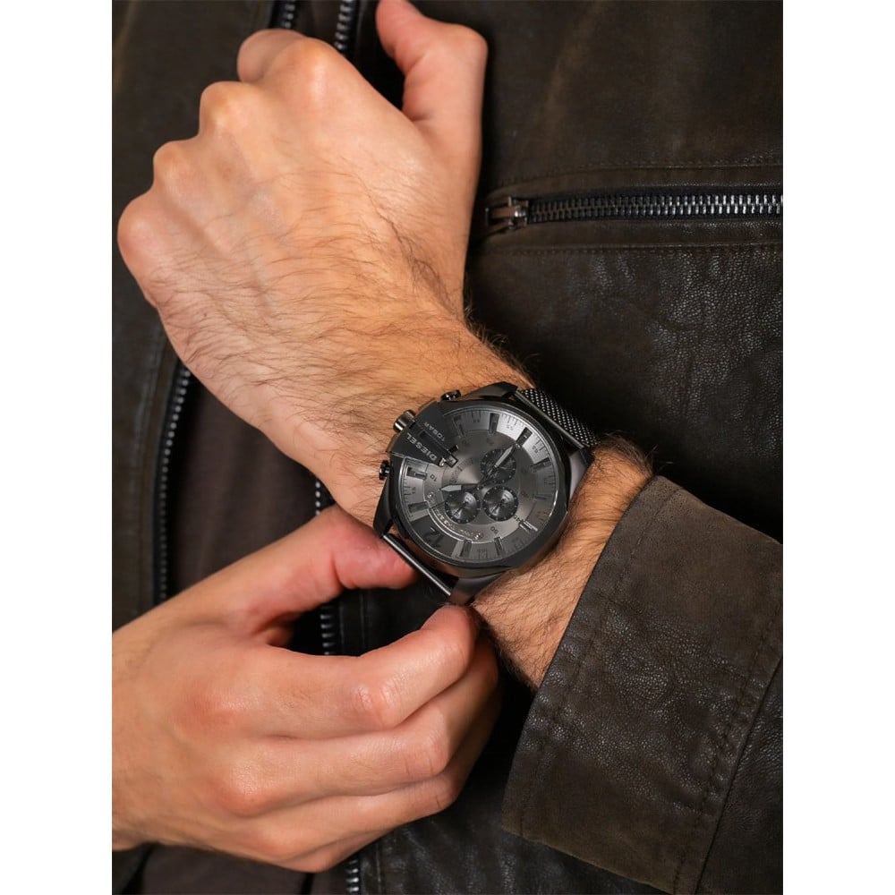 Diesel Mega Chief Chronograph Black Dial Black Mesh Strap Watch For Men - DZ4527