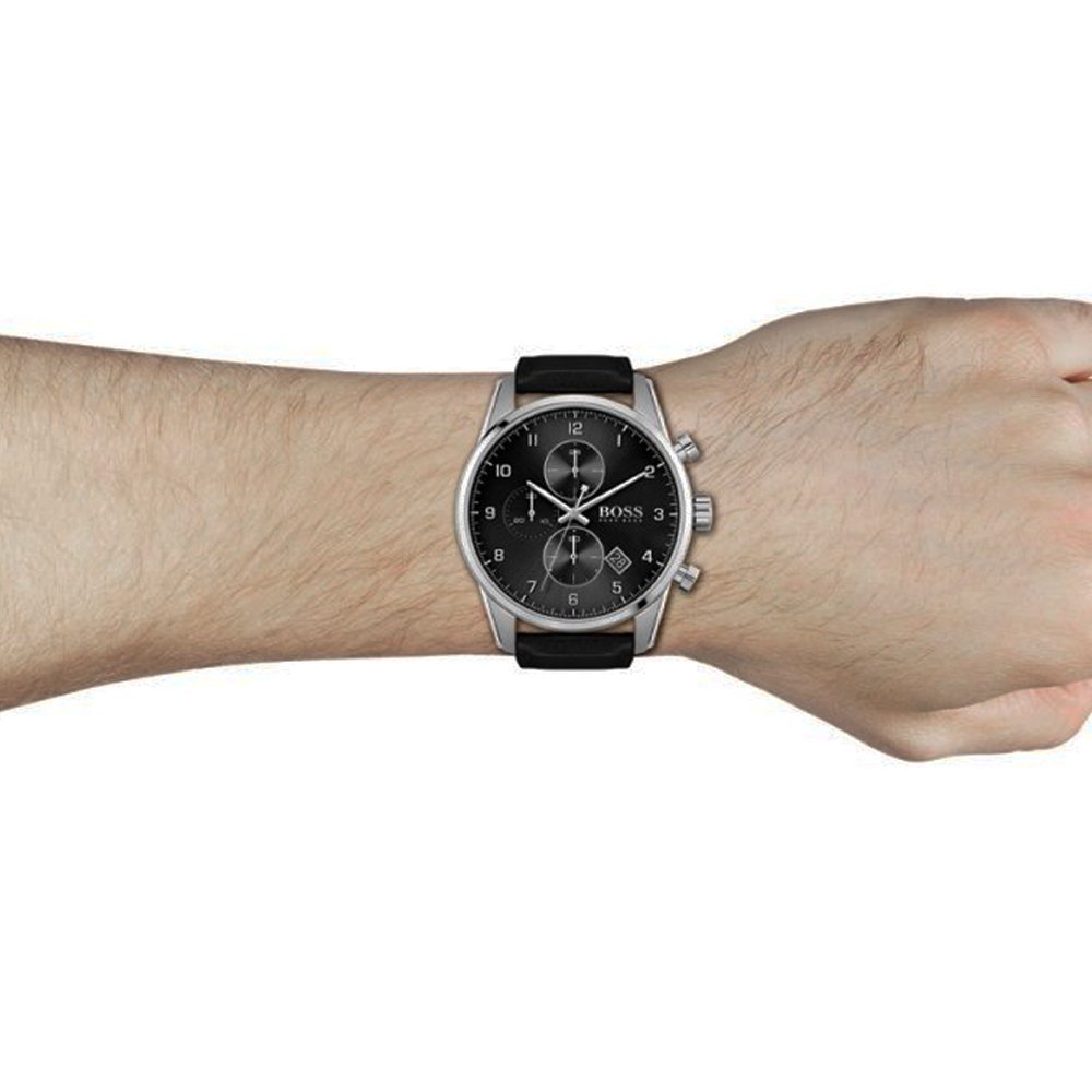 Hugo Boss Skymaster Black Dial Black Leather Strap Watch for Men - 1513782