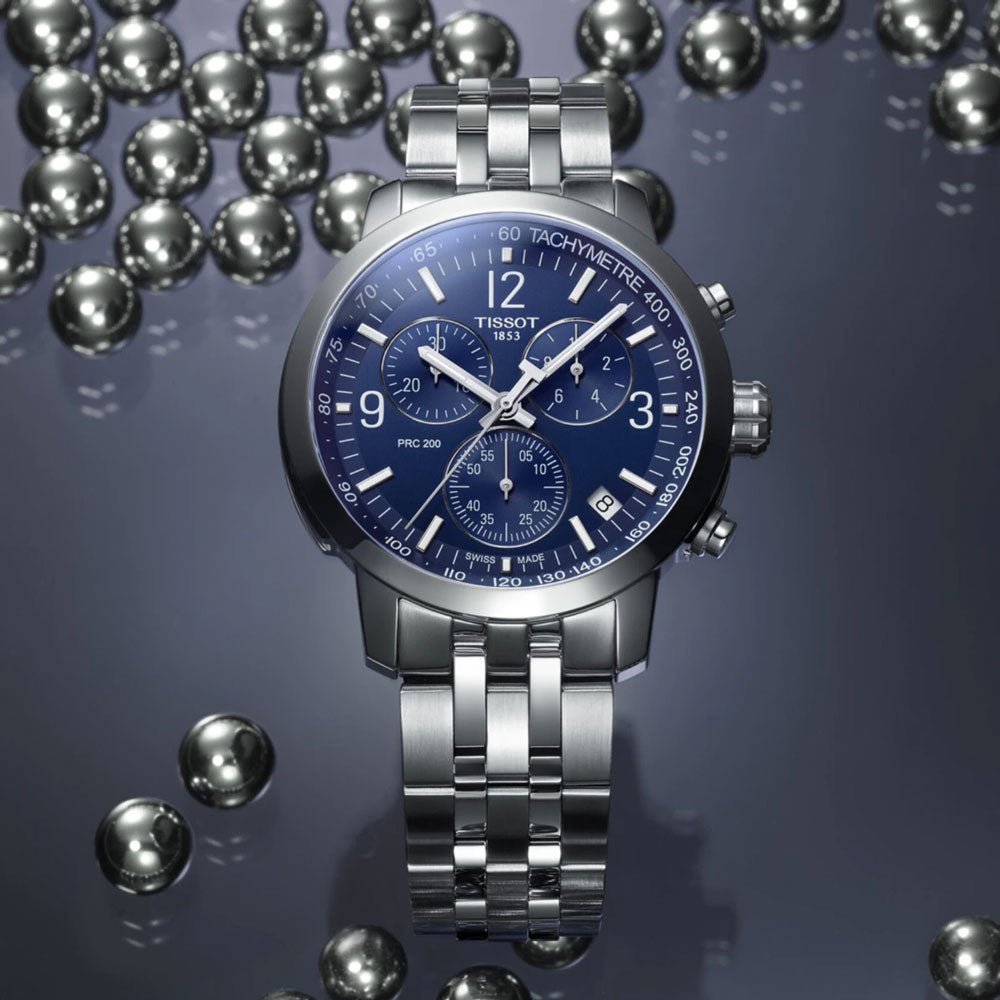 Tissot PRC 200 Chronograph Quartz Blue Dial Silver Steel Strap Watch For Men - T114.417.11.047.00