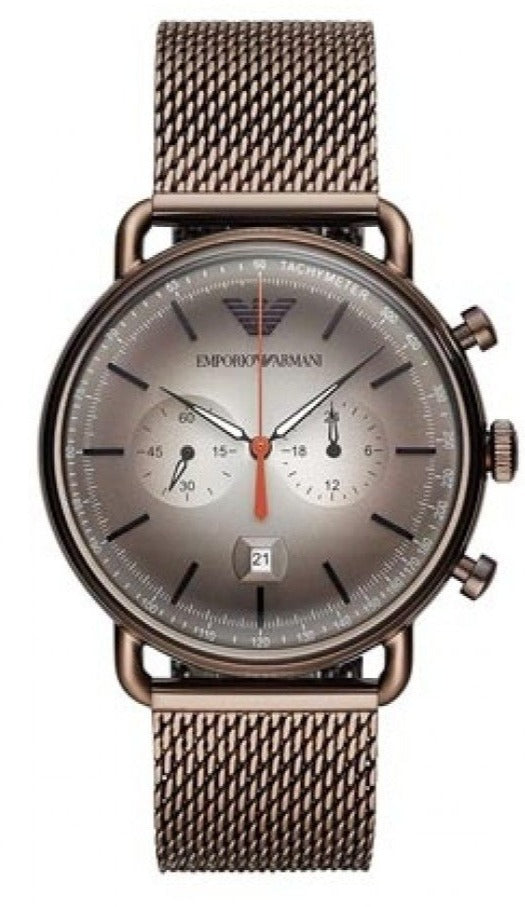 Emporio Armani Aviator Chronograph Grey Dial Brown Mesh Bracelet Watch For Men - AR11169
