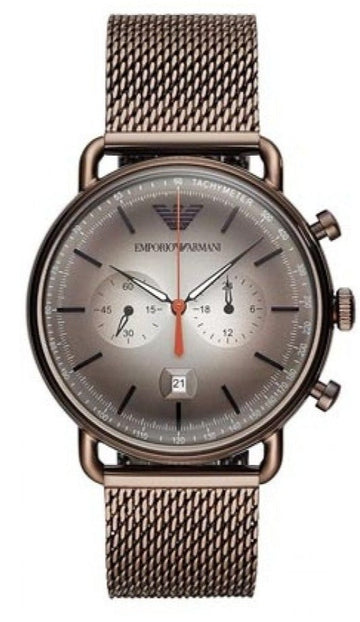 Emporio Armani Aviator Chronograph Grey Dial Brown Mesh Bracelet Watch For Men - AR11169