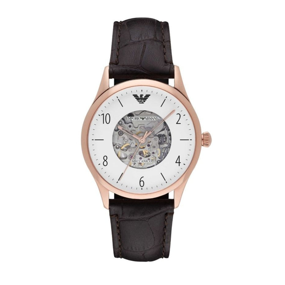 Emporio Armani Meccanico White Dial Brown Leather Strap Watch For Men - AR1920