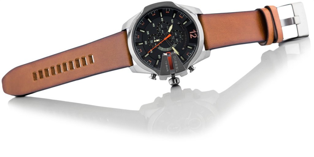 Diesel Mega Chief Chronograph Black Dial Brown Leather Strap Watch For Men - DZ4343